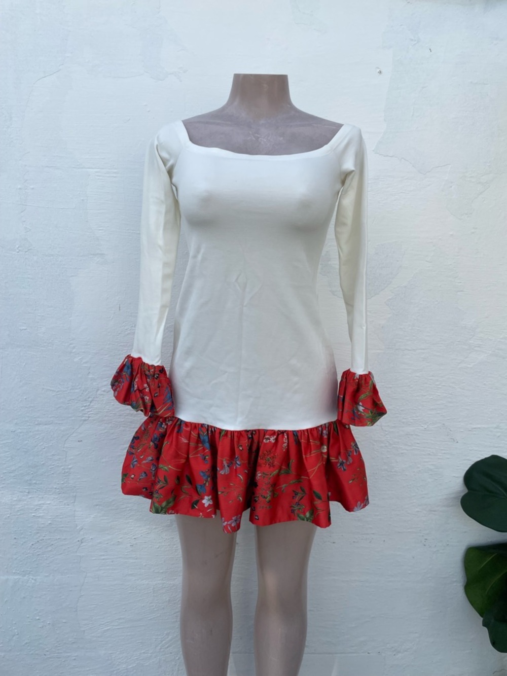 Alexis Cream Mini Dress with Red Floral Ruffle